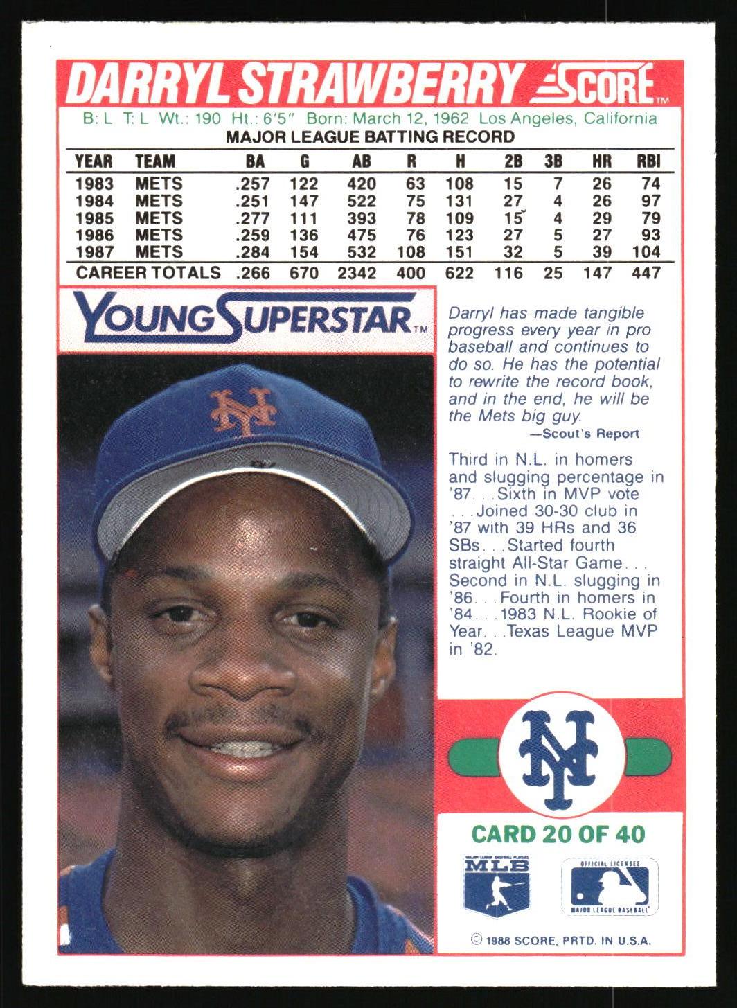 A vintage 1988 Young-Star baseball trading card featuring Darryl Strawberry. The card includes his career batting record table, biographical text, a color photo of him in a Mets uniform, and team logos.