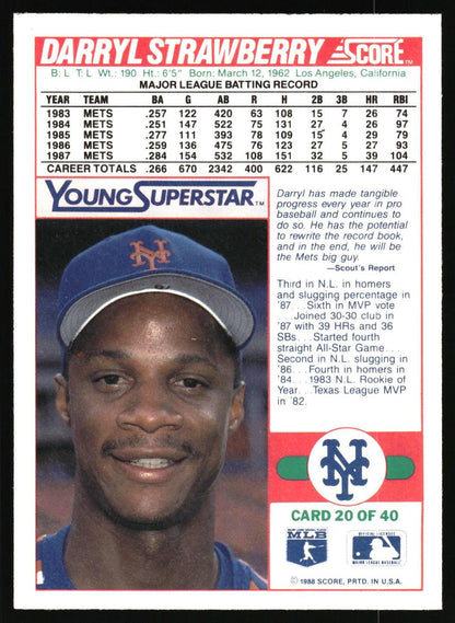 A vintage 1988 Young-Star baseball trading card featuring Darryl Strawberry. The card includes his career batting record table, biographical text, a color photo of him in a Mets uniform, and team logos.