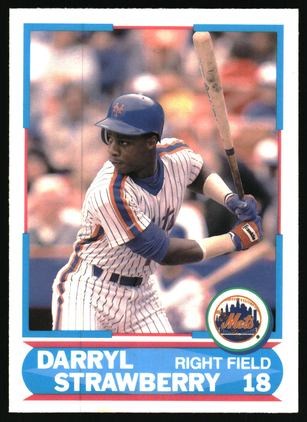 A vintage baseball trading card featuring Darryl Strawberry in a New York Mets uniform, shown holding a bat. The card has a blue border with his name and number printed at the bottom.