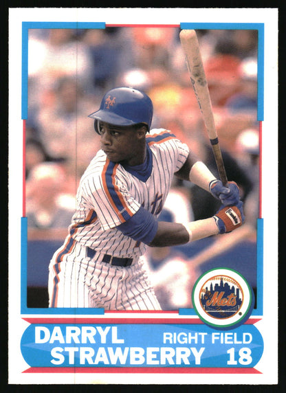 A vintage baseball trading card featuring Darryl Strawberry in a New York Mets uniform, shown holding a bat. The card has a blue border with his name and number printed at the bottom.