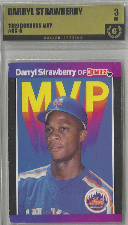 A vintage baseball trading card featuring Darryl Strawberry of the New York Mets. The card has a purple border with yellow 'MVP' text and a Donruss logo at the top.