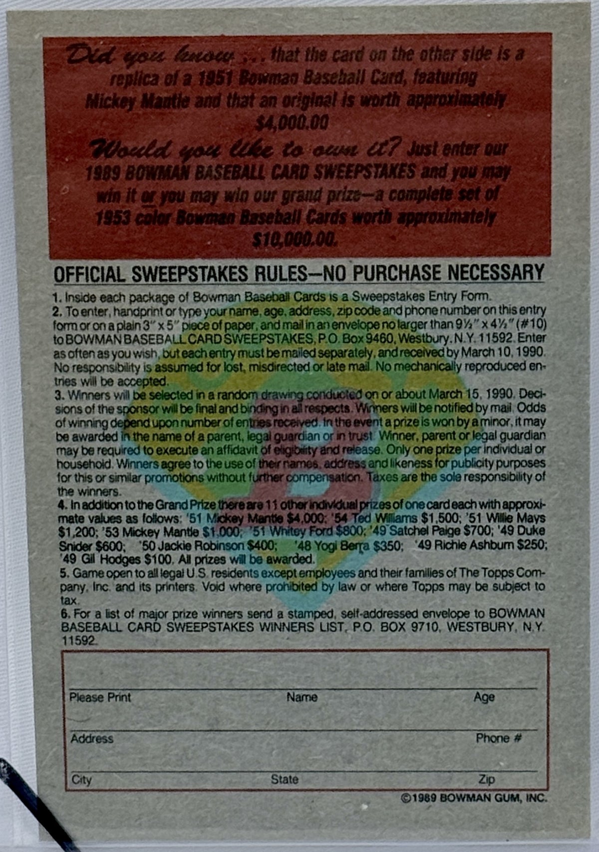 A vintage 1989 Bowman Baseball Card Sweepstakes entry card, showing the back side with rules, prize information, and a blank signature/return line at the bottom.