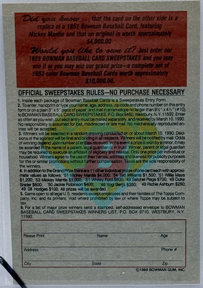 A vintage 1989 Bowman Baseball Card Sweepstakes entry card, showing the back side with rules, prize information, and a blank signature/return line at the bottom.