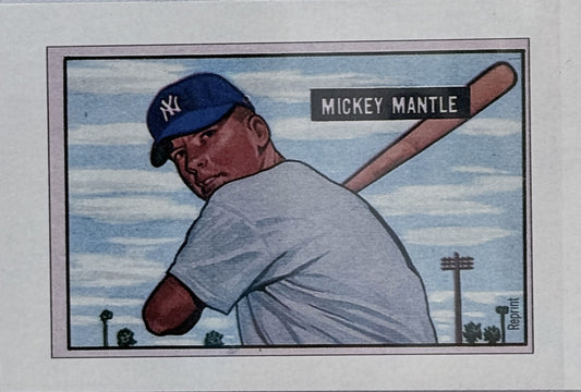 A vintage-style illustrated baseball card featuring Mickey Mantle in a blue New York Yankees cap and white shirt, holding a bat over his shoulder, with the text 'MICKEY MANTLE' and a small 'Reprint' mark.