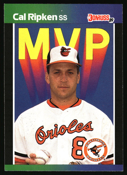 A vintage 1989 Donruss baseball trading card featuring Cal Ripken, Sr., wearing an Orioles uniform with 'MVP' printed in large yellow letters behind him.