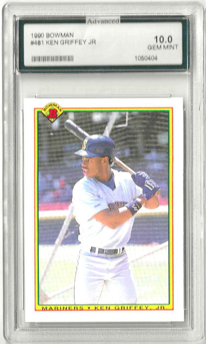 Vintage Bowman trading card featuring Ken Griffey Jr holding a baseball bat. Grade 10 GEM MINT