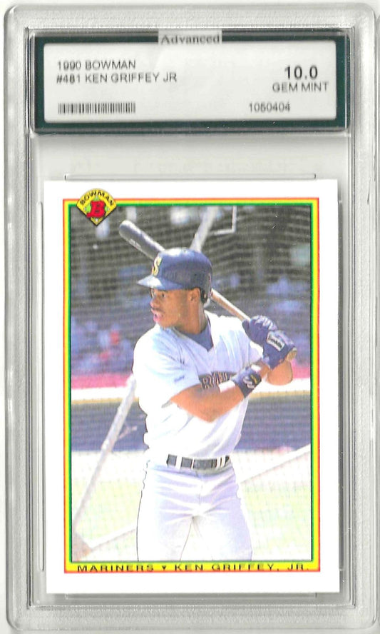 Vintage Bowman trading card featuring Ken Griffey Jr holding a baseball bat. Grade 10 GEM MINT