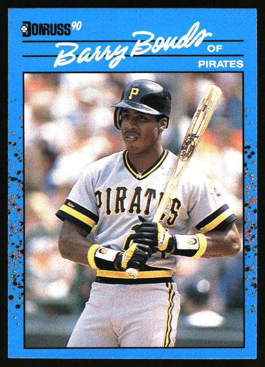 A vintage baseball trading card featuring Barry Boudre of the Pittsburgh Pirates, with a bright blue border and the text 'DONRUSS 90' and 'Barry Bonds OF PIRATES'. The photo shows Bonds in a white Pirates uniform holding a bat.