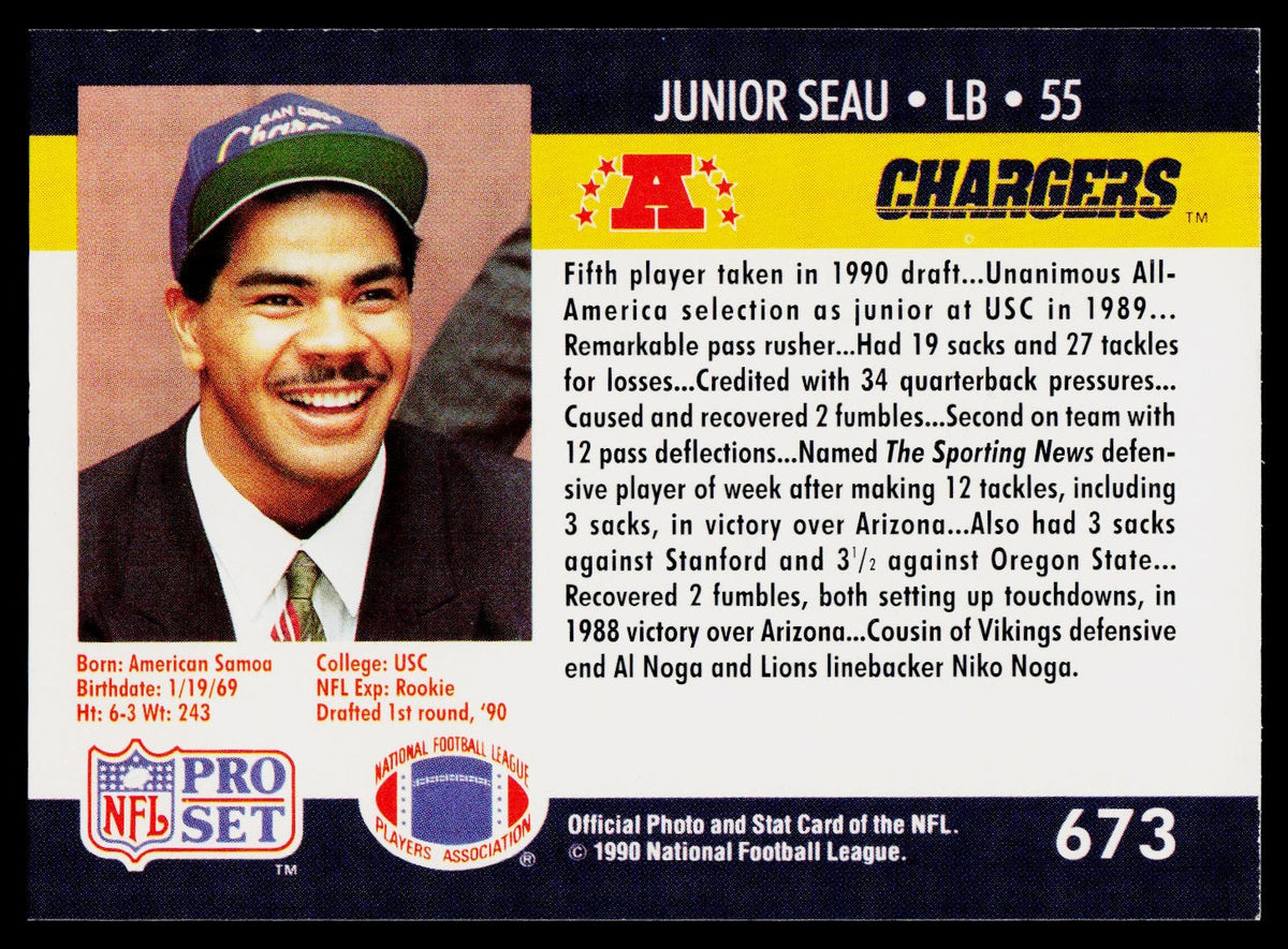 A vintage 1990 NFL Pro Set junior Seau sports card back, featuring a portrait photo, player statistics, team branding for the Arizona Chargers, and NFL logos at the bottom.