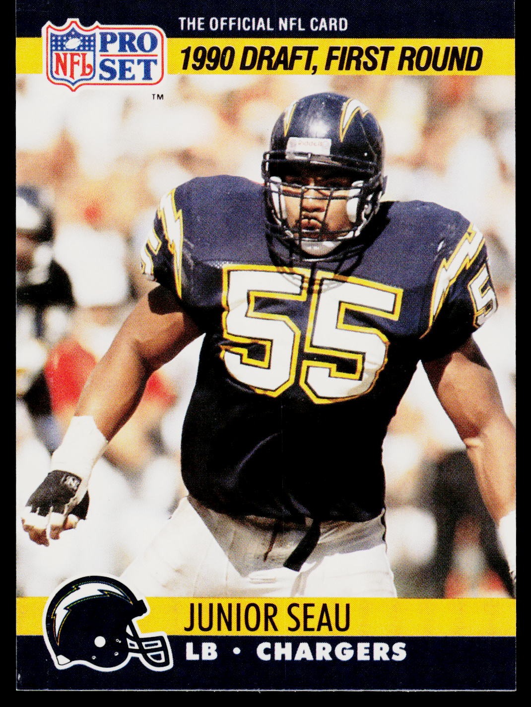 A vintage football trading card from the NFL Pro Set, featuring Junior Seau of the Chargers in his navy and gold uniform with the number 55. The card has a black border with yellow bands at the top and bottom.