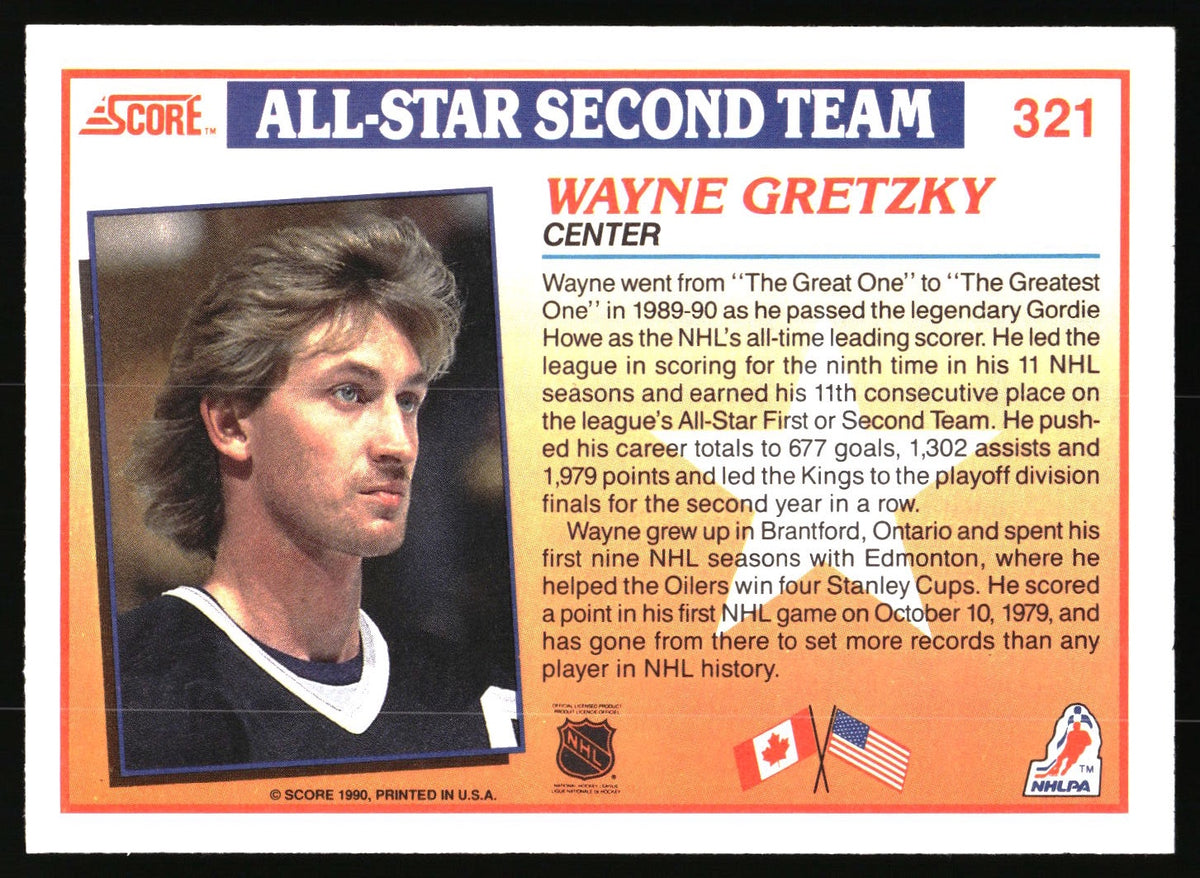 A vintage 1990 Score All-Star Second Team trading card featuring Wayne Gretzky. The card has an orange border, a blue header, and a portrait photo of Gretzky on the left, with his name and team details printed on the right.