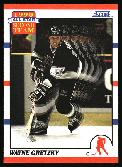A vintage 1990 Score All-Star Second Team hockey trading card featuring Wayne Gretzky in a black and white Los Angeles Kings uniform, with a motion-blur effect across the player's figure.