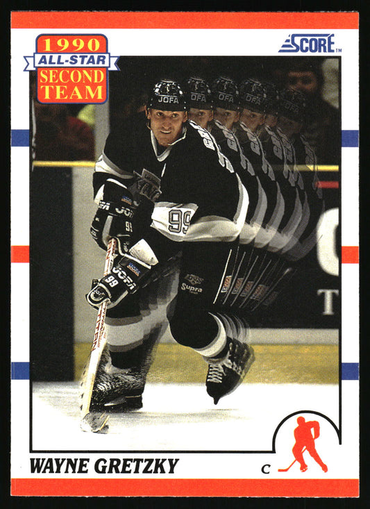 A vintage 1990 Score All-Star Second Team hockey trading card featuring Wayne Gretzky in a black and white Los Angeles Kings uniform, with a motion-blur effect across the player's figure.