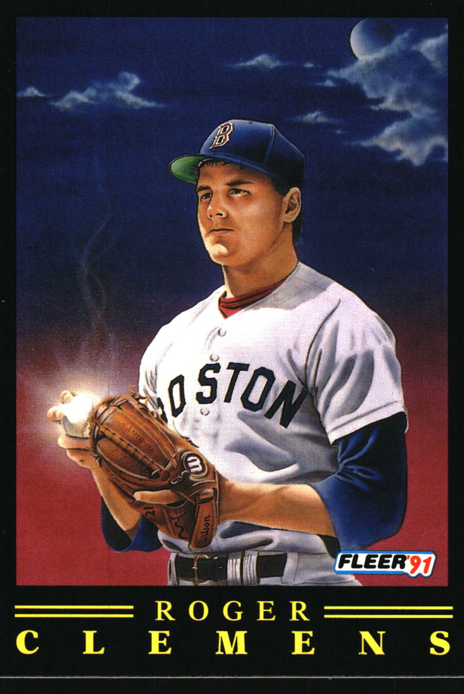 A Fleer 1991 baseball trading card featuring Roger Clemens in a Boston uniform, holding a lit baseball, with a dark blue sky and moon in the background.