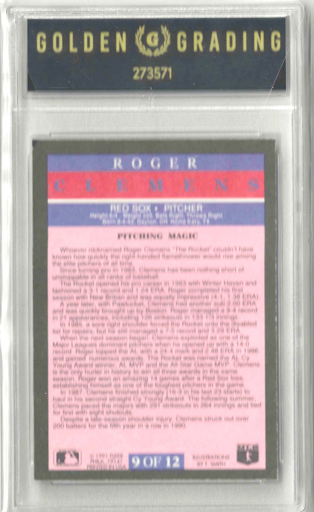 A collectible Roger Clemens baseball trading card graded and sealed in a clear plastic holder with a black 'Golden Grading' label at the top. The card features a pink and blue background with white text detailing his pitching career.