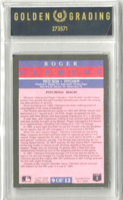 A collectible Roger Clemens baseball trading card graded and sealed in a clear plastic holder with a black 'Golden Grading' label at the top. The card features a pink and blue background with white text detailing his pitching career.