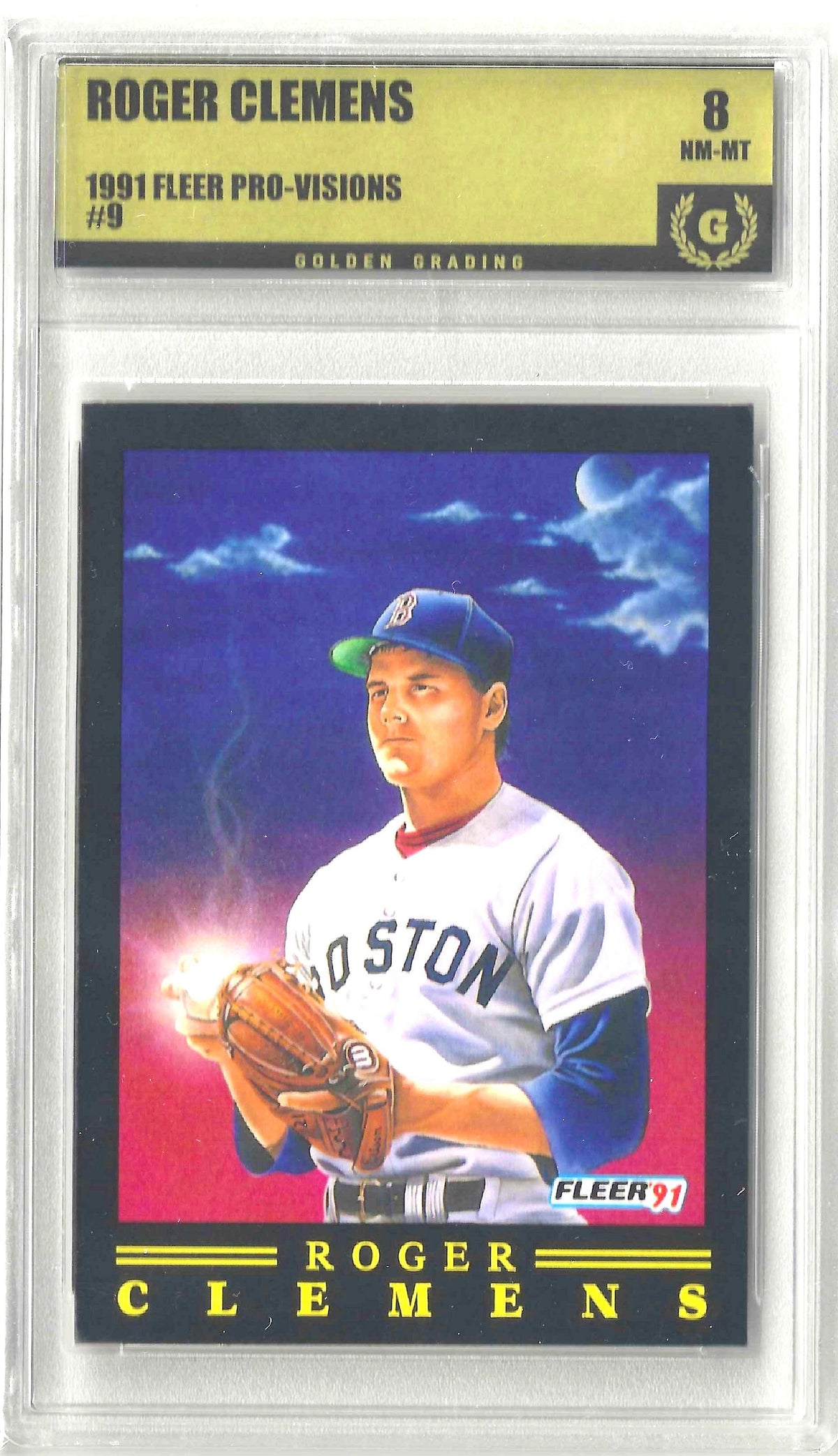 A graded 1991 Fleer Pro-Visions baseball card of Roger Clemens, encapsulated in a clear plastic holder with a gold grading label at the top. The card features a stylized portrait of Clemens in a Boston uniform against a purple and pink sky background.