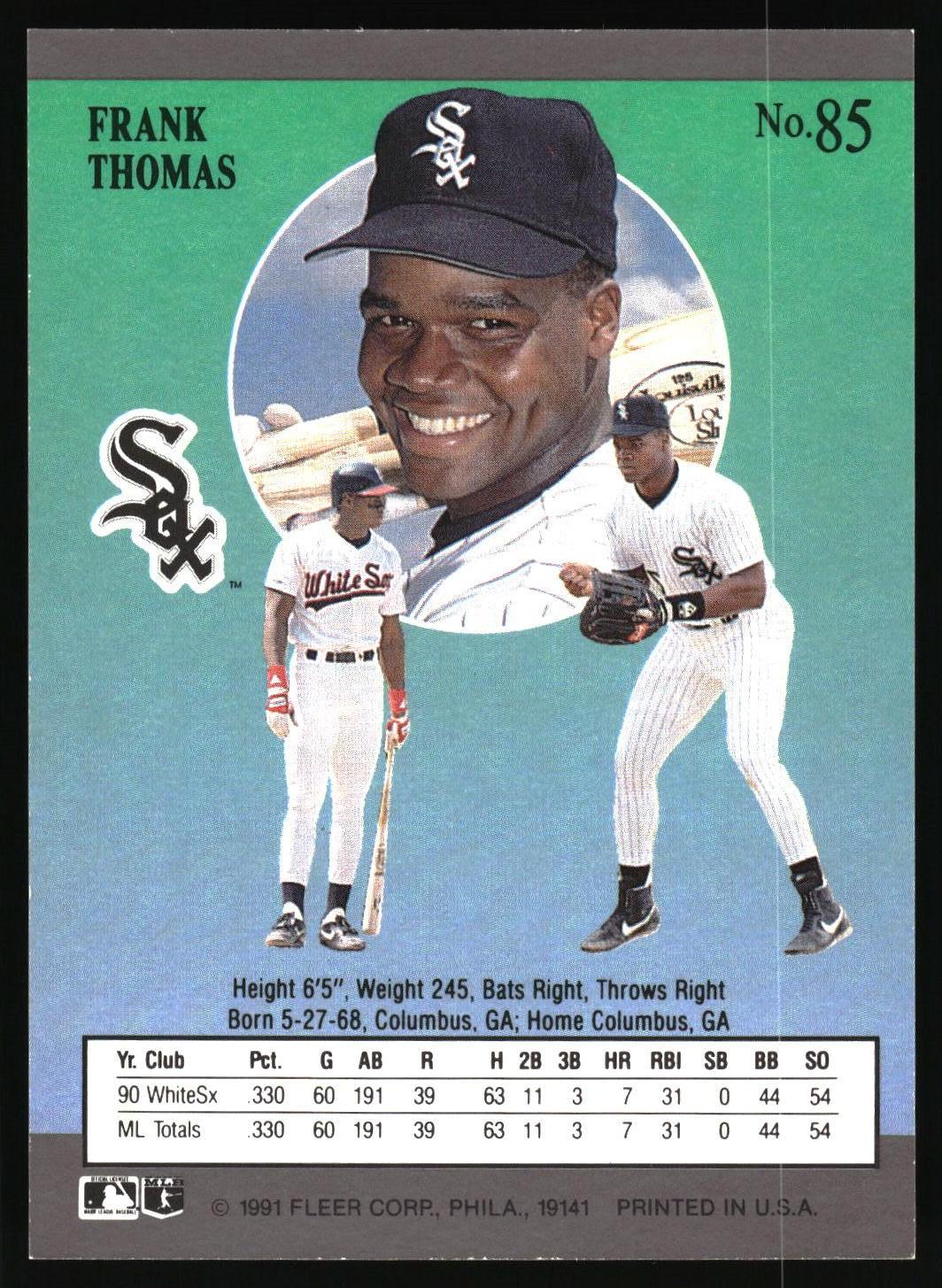 A vintage baseball trading card featuring Frank Thomas, number 85. The card has a teal-green background with a large circular portrait of Frank Thomas smiling in a white Sox cap, two smaller action photos of him in a white uniform, the White Sox logo, and a player stats box at the bottom.