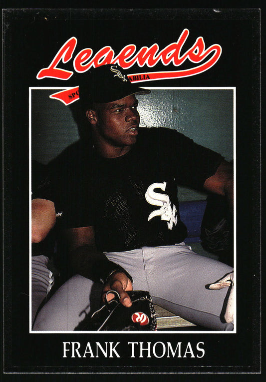 A vintage baseball trading card featuring Frank Thomas of the Chicago White Sox. The card has a black border with the red 'Legends' logo at the top and 'FRANK THOMAS' printed in white at the bottom.