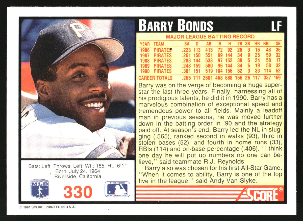 A vintage  Sports baseball trading card featuring Barry Bonds, with a portrait, player stats, and team information on a white background.