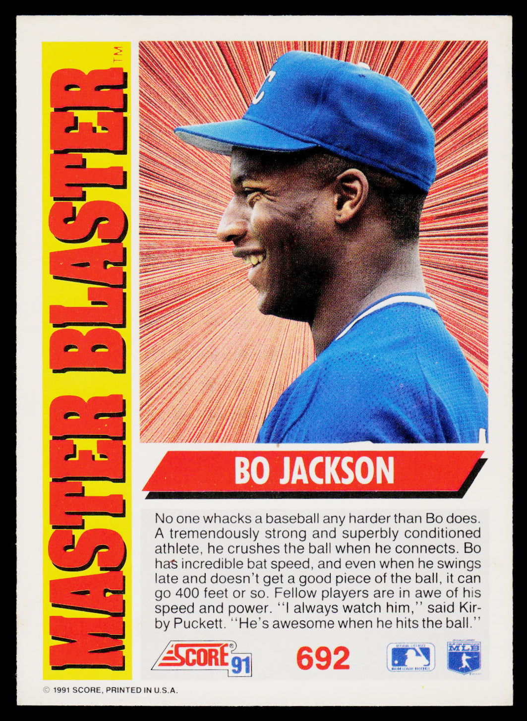 A vintage 1991 baseball trading card featuring Bo Jackson, with the title 'MASTER BLASTER' on the right side and a portrait of Bo Jackson wearing a blue cap against a red and yellow background.