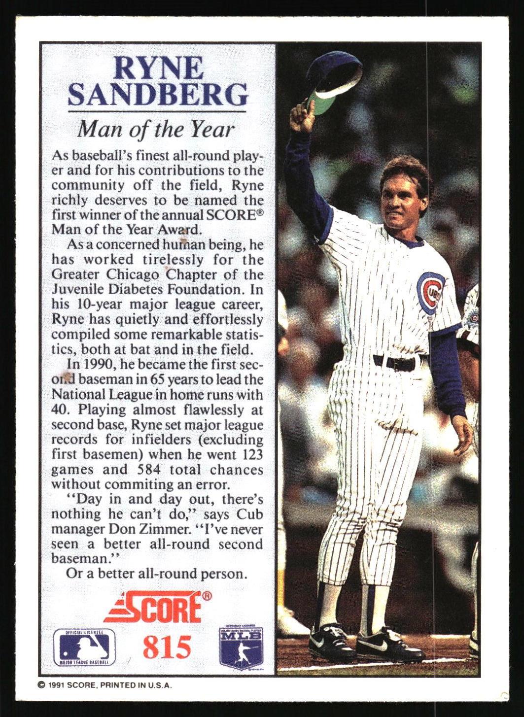 A vintage 1991 Score baseball trading card featuring Ryne Sandberg, labeled 'Man of the Year.' The card includes a large biographical text block on the left and a photo of Sandberg in a Chicago Cubs uniform holding a baseball cap on the right.