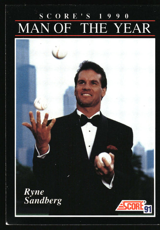 A vintage baseball trading card featuring Ryne Sandberg in a black tuxedo juggling baseballs, with the text 'SCORE'S 1990 MAN OF THE YEAR' at the top and a 'SCORE 91' logo in the bottom right corner.