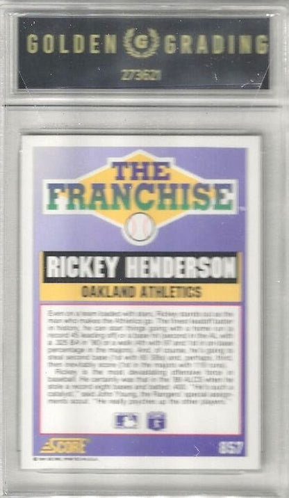 Back of trading card titled 'The Franchise' and Rickey Henderson career information.
