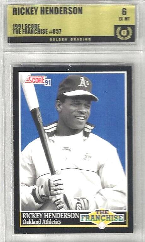 Vintage trading card featuring Rickey Henderson holding a baseball bat.