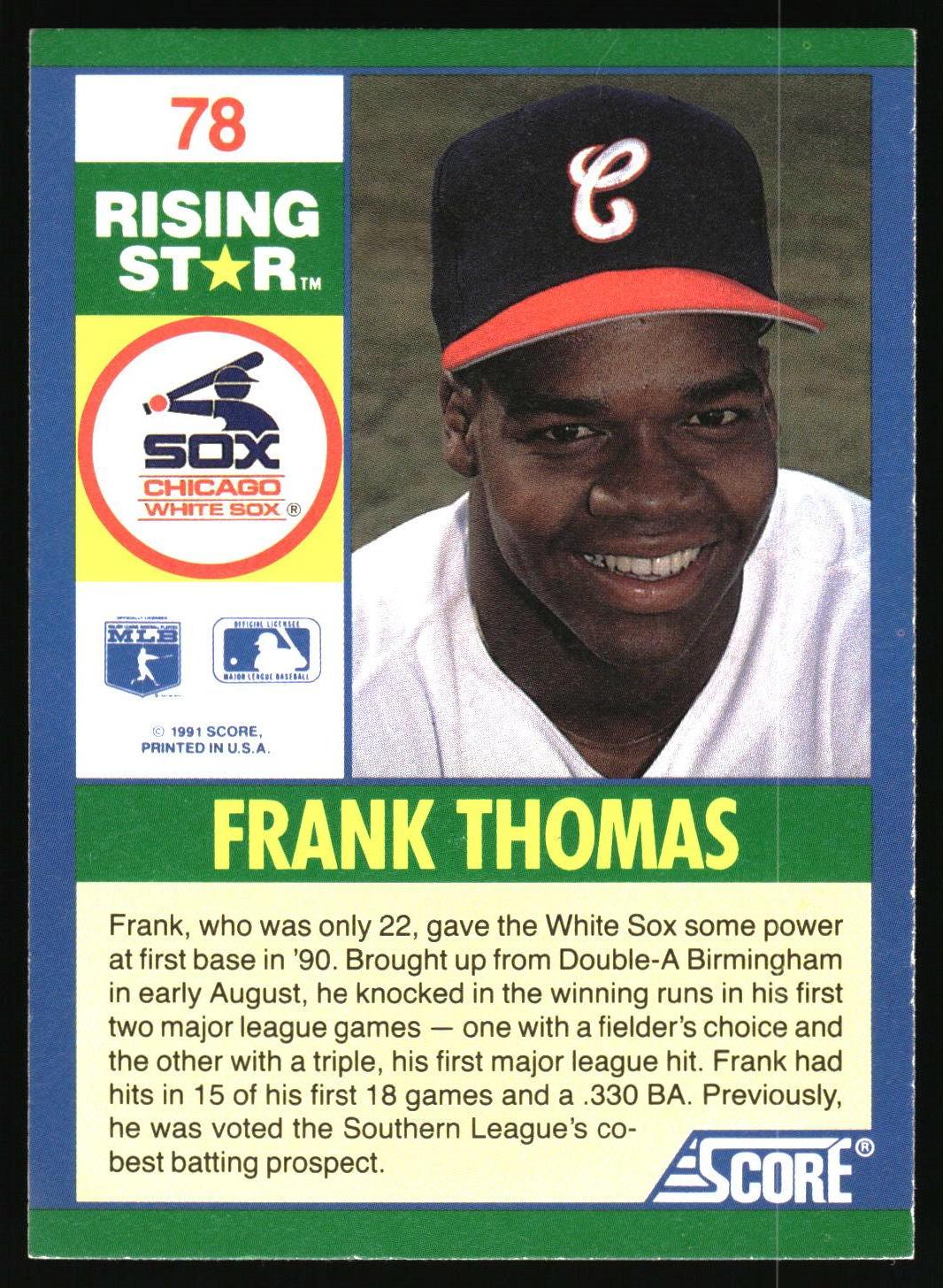 A vintage  baseball trading card featuring Frank Thomas of the Chicago White Sox. The card has a green border, a portrait of Frank Thomas in a black cap with an orange brim, and a biographical text section on the left with team logos and player stats.
