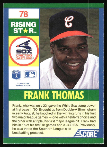A vintage  baseball trading card featuring Frank Thomas of the Chicago White Sox. The card has a green border, a portrait of Frank Thomas in a black cap with an orange brim, and a biographical text section on the left with team logos and player stats.