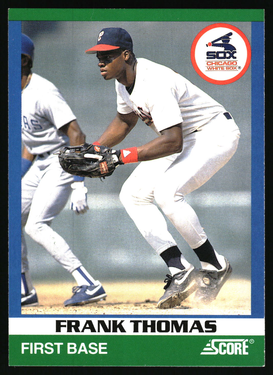 A vintage baseball trading card featuring Frank Thomas in a white Los Angeles Dodgers uniform, crouching at first base. The card has a green border with 'FRANK THOMAS FIRST BASE' printed at the bottom and a 'SOX Original White Sox' logo in the top right.