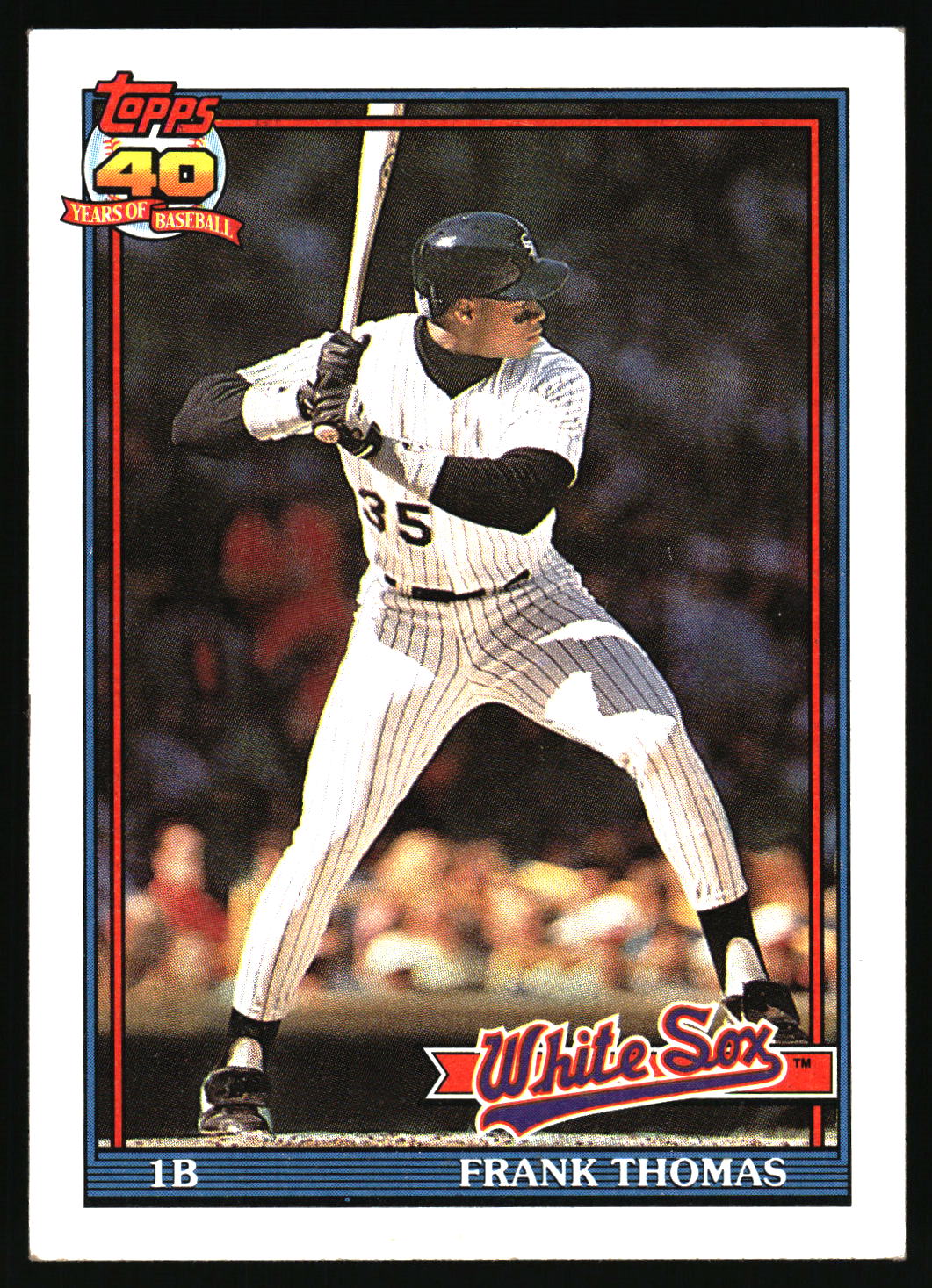 A vintage Topps  baseball card featuring Frank Thomas of the White Sox  wearing a white pinstripe uniform and black helmet.