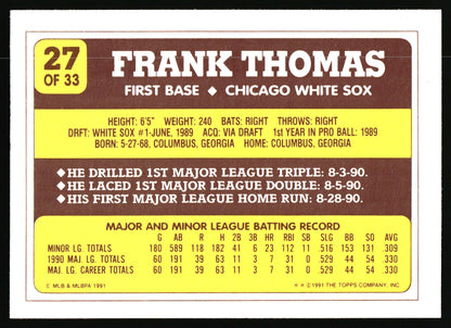 A baseball trading card back featuring Frank Thomas of the Chicago White Sox, with a white border, dark brown header, yellow text panels, and batting statistics.