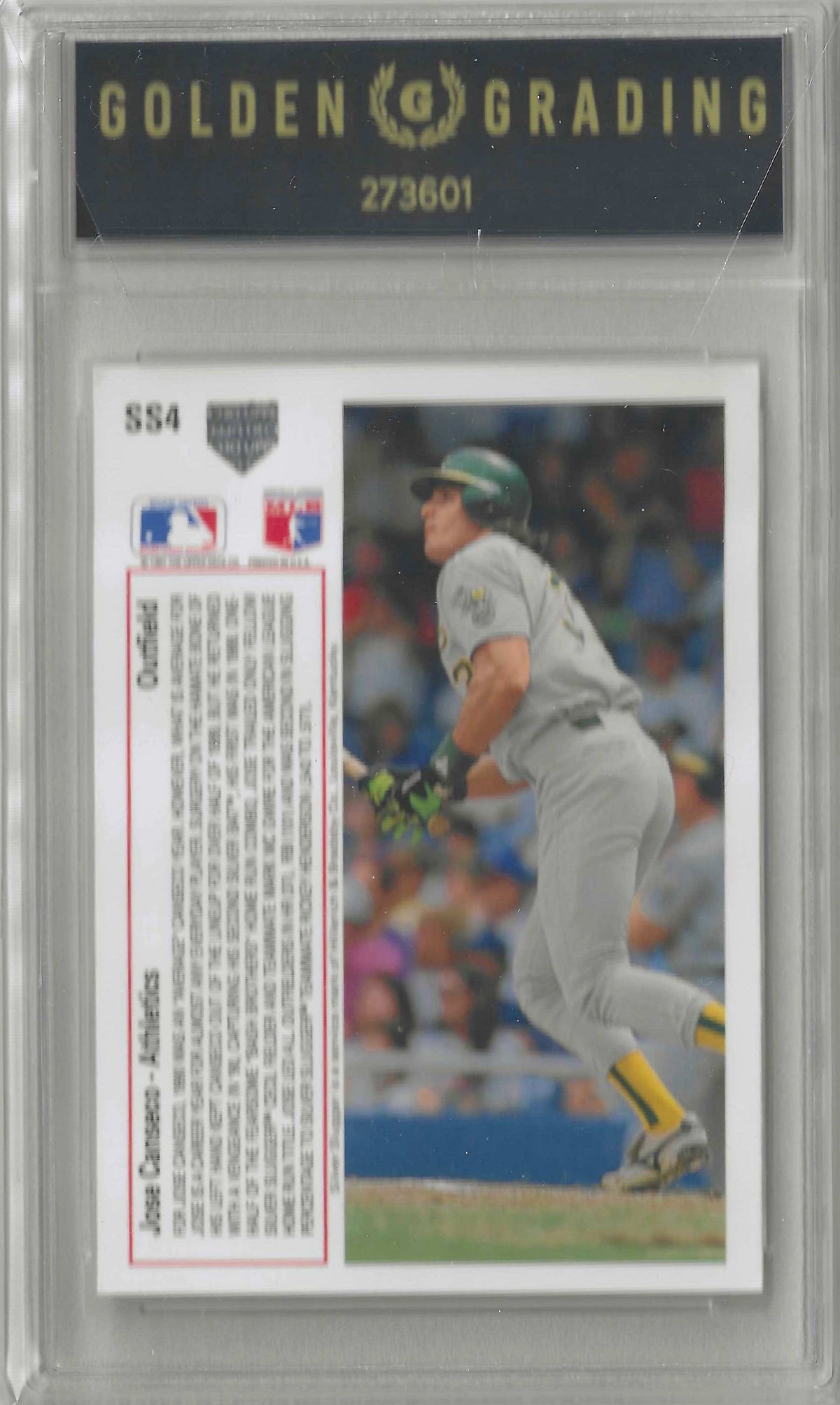 A vintage baseball trading card featuring Jose Canseco in an Oakland Athletics uniform, with player statistics printed on the left side and a team logo banner at the top.