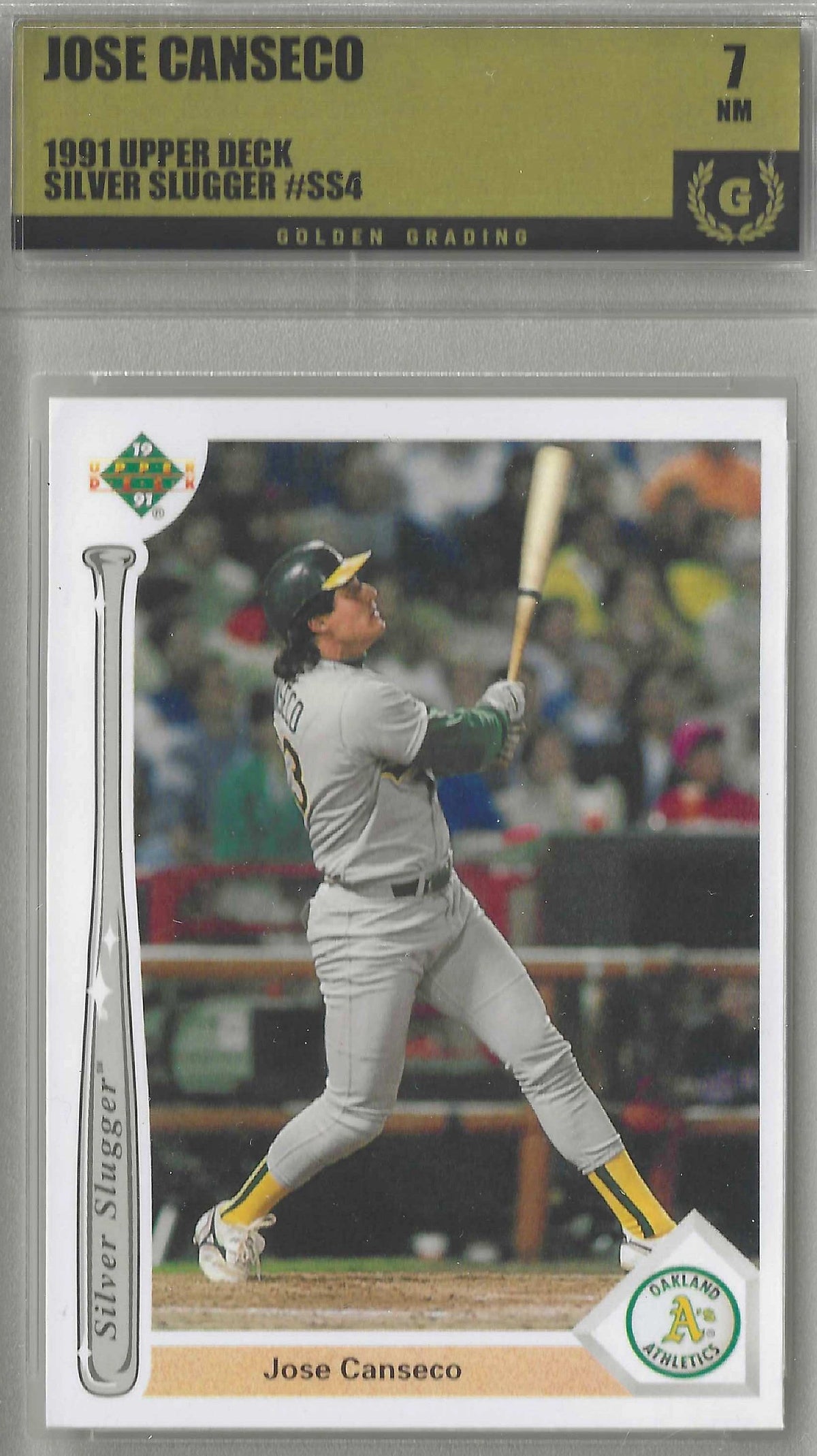 A vintage baseball trading card featuring Jose Canseco of the Oakland Athletics in a batting stance. The card has a white border with a vertical silver bat graphic on the left labeled 'Silver Slugger' and an Oakland Athletics logo on the bottom right.