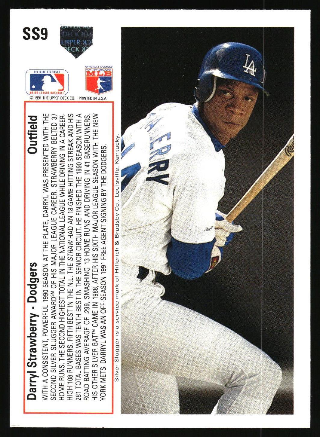 A baseball trading card featuring Darryl Strawberry in a white Los Angeles Dodgers uniform, with team logos and player statistics printed on the left side.