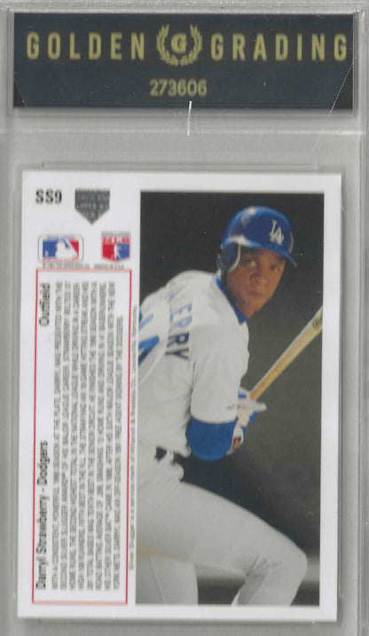 A baseball trading card featuring Darryl Strawberry in a white Los Angeles Dodgers uniform, with team logos and player statistics printed on the left side.