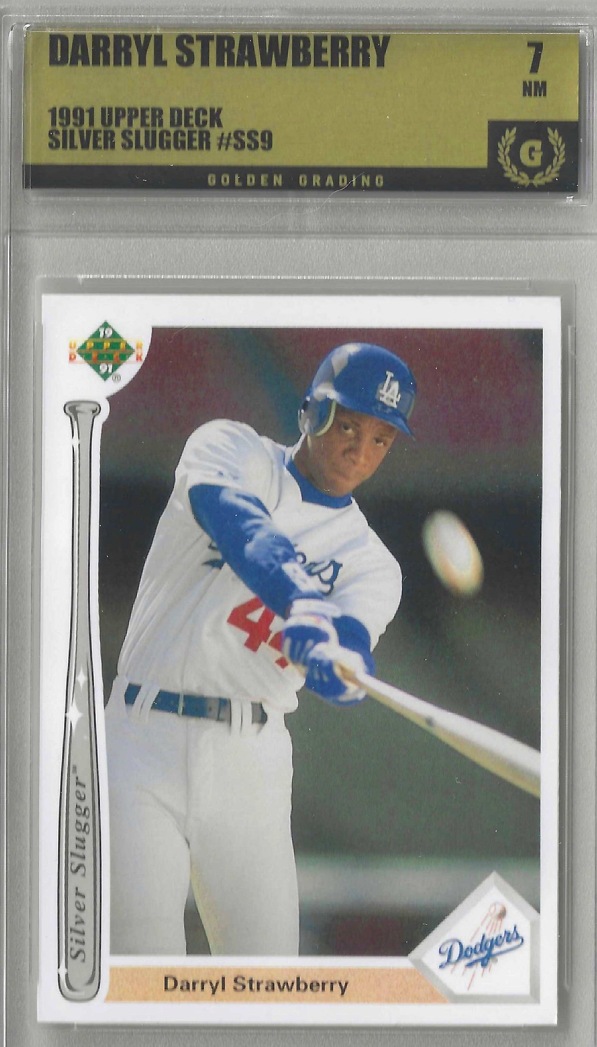 A vintage 1991 Upper Deck baseball trading card featuring Darryl Strawberry in a Los Angeles Dodgers uniform, shown holding a bat. The card includes a 'Silver Slugger' award emblem on the left and a 'Dodgers' logo on the bottom right.