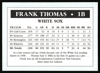 A printed baseball player statistics card for Frank Thomas, White Sox 1B, showing career totals and a biographical note on a white background with black text.