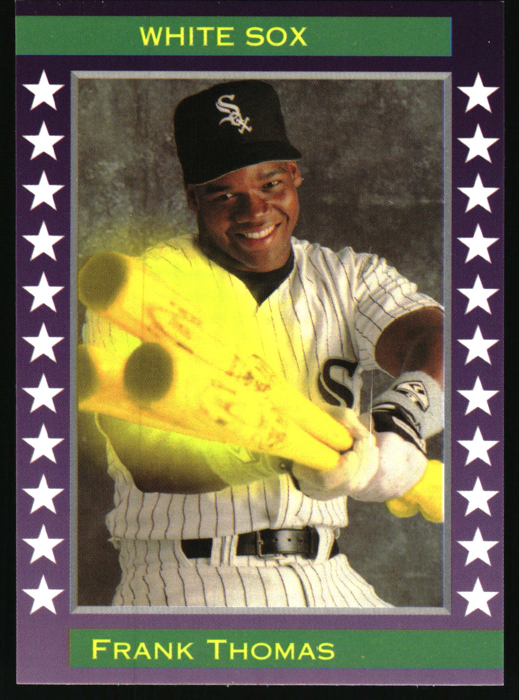 A vintage baseball trading card featuring Frank Thomas of the White Sox. The card has a purple border with white stars, green header and footer bars, and a central portrait of Frank Thomas in a white pinstripe uniform holding a yellow bat.