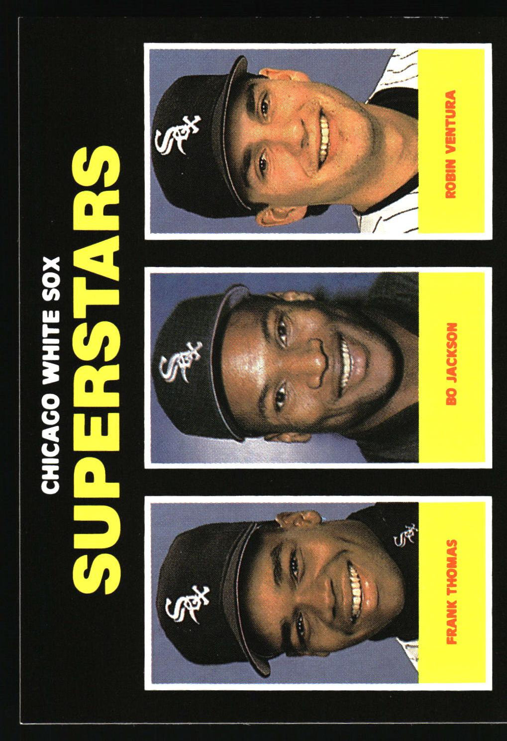 Chicago White Sox 'Superstars' baseball trading card featuring three player portraits: Frank Thomas, Bo Jackson, and Robin Ventura, on a black background with yellow 'SUPERSTARS' text.