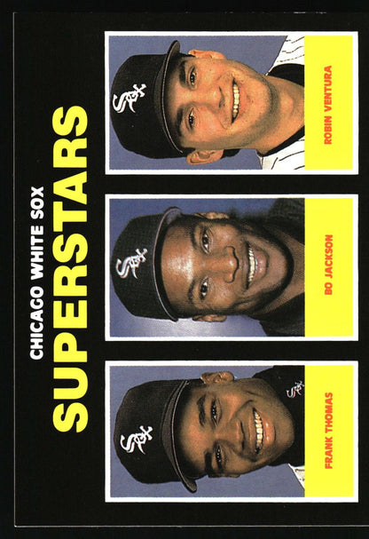 Chicago White Sox 'Superstars' baseball trading card featuring three player portraits: Frank Thomas, Bo Jackson, and Robin Ventura, on a black background with yellow 'SUPERSTARS' text.