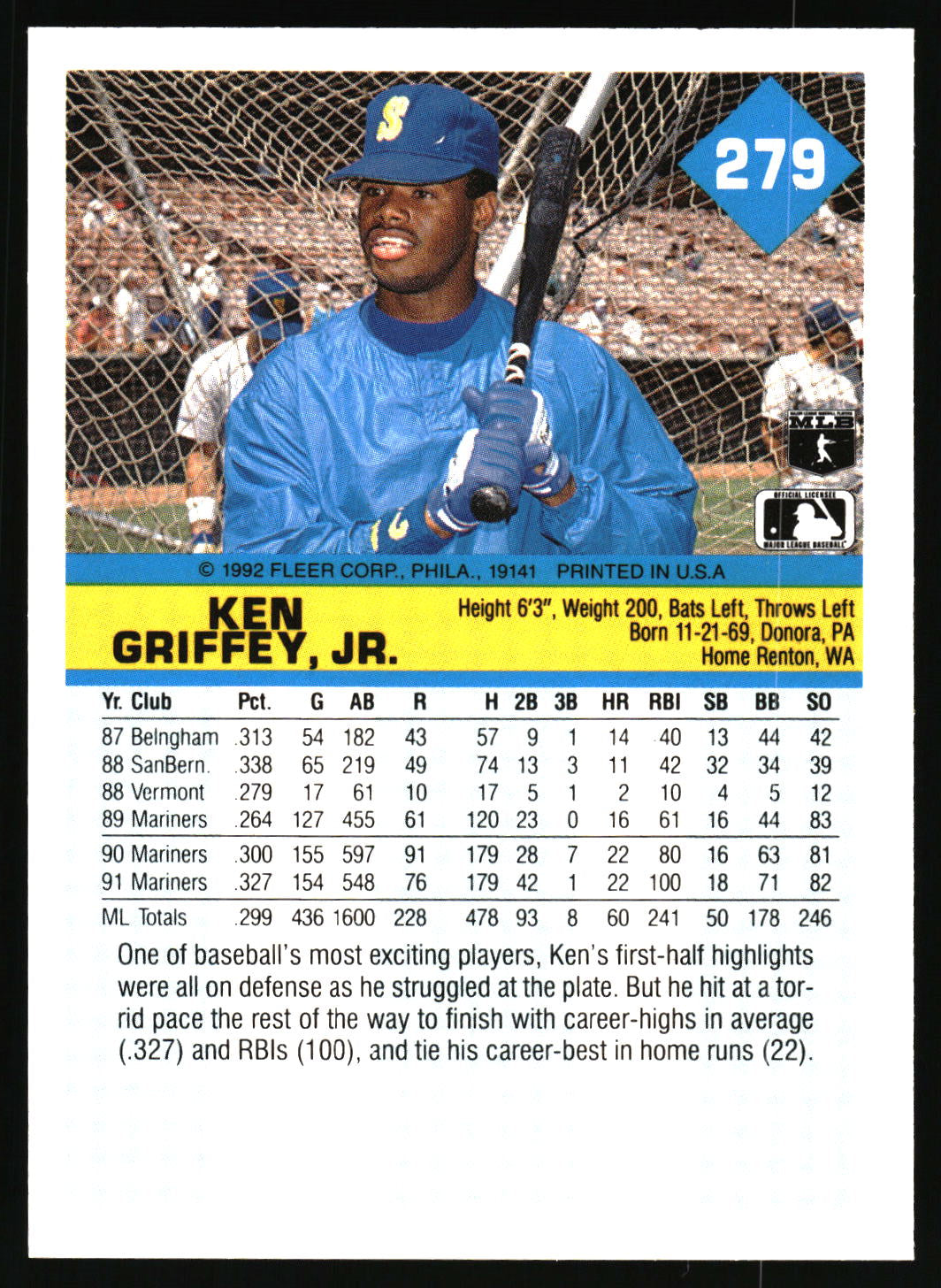 Back of a baseball trading card featuring player stats, a yellow banner with 'KEN GRIFFEY, JR.', and a photo of Ken Griffey Jr.