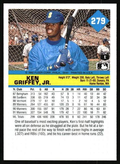 Back of a baseball trading card featuring player stats, a yellow banner with 'KEN GRIFFEY, JR.', and a photo of Ken Griffey Jr.