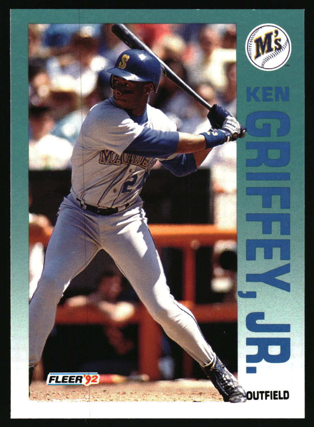 A vintage Fleer '92 baseball trading card featuring Ken Griffey, Jr., outfielder.