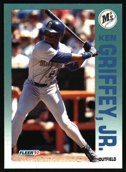 A vintage Fleer '92 baseball trading card featuring Ken Griffey, Jr., outfielder.