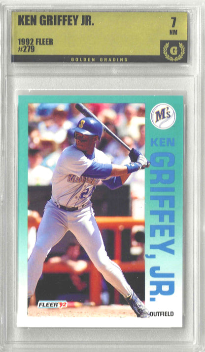 A graded 1992 Fleer baseball trading card of Ken Griffey Jr. in a clear plastic protective case.
