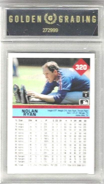 Back of Nolan Ryan trading card  showing player stretching on the field above a text box with player statistics.