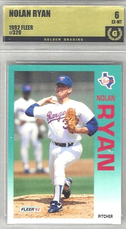 Vintage trading card with a photo of  Nolan Ryan pitching. Grade 6 EX-MT